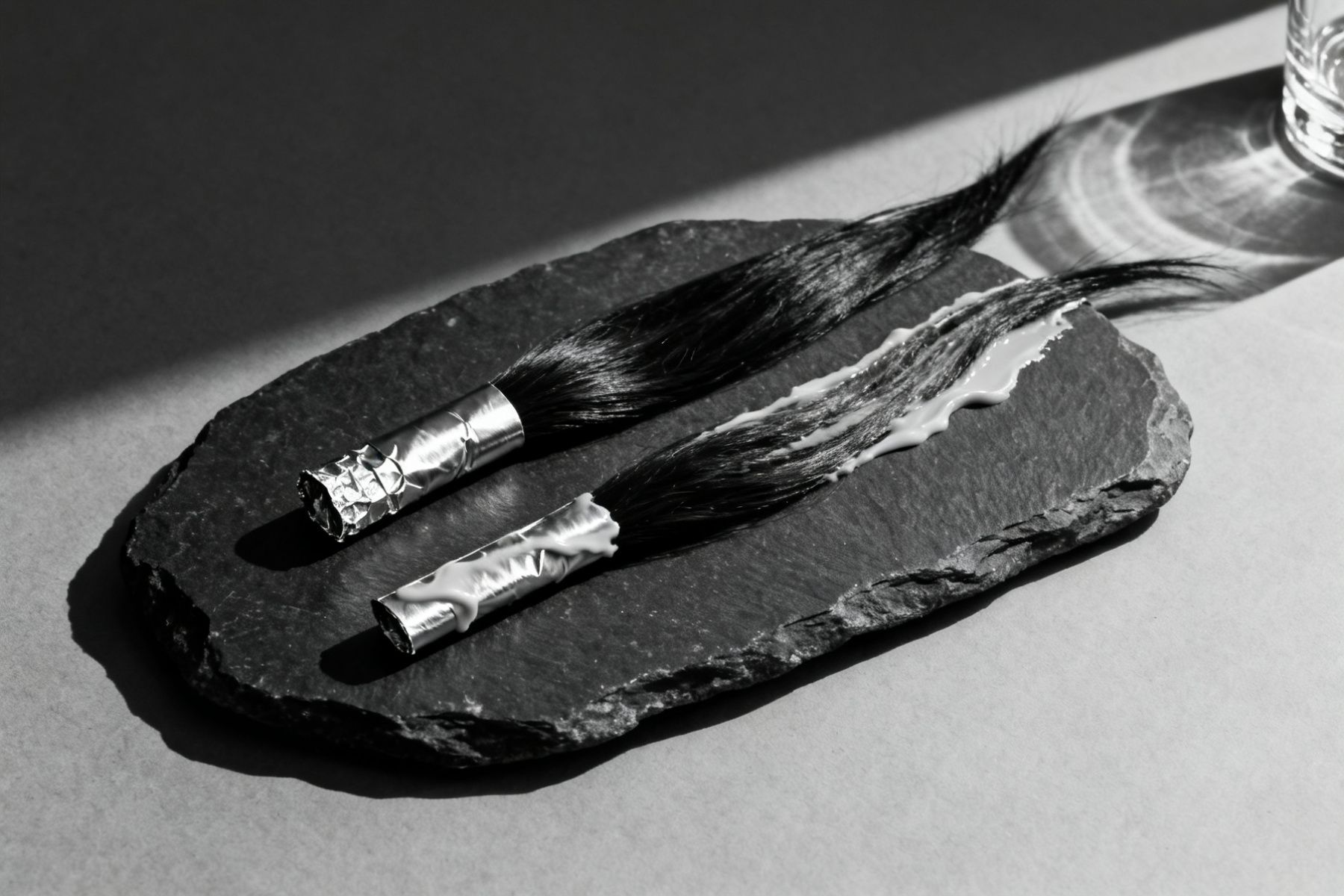 Ein breiter Pinsel streicht helle Paste über eine liegende Haarsträhne, Makroaufnahme