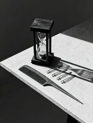 Stillleben aus Kamm, Klammern und einer Sanduhr auf einer hellen Fläche