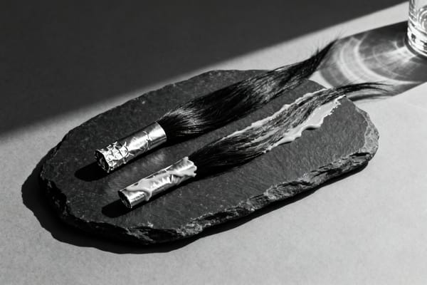 Ein breiter Pinsel streicht helle Paste über eine liegende Haarsträhne, Makroaufnahme