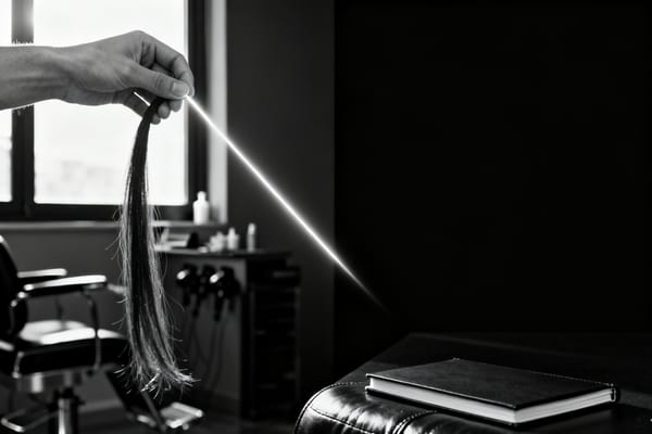Zwei Hände halten eine Haarsträhne gegen weiches Fensterlicht, kein Gesicht im Bild