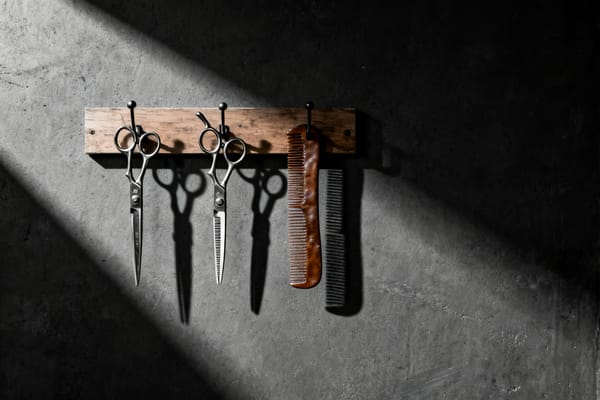 Zwei Friseurscheren und ein Kamm liegen geordnet auf einem Lederetui, im Streiflicht fotografiert