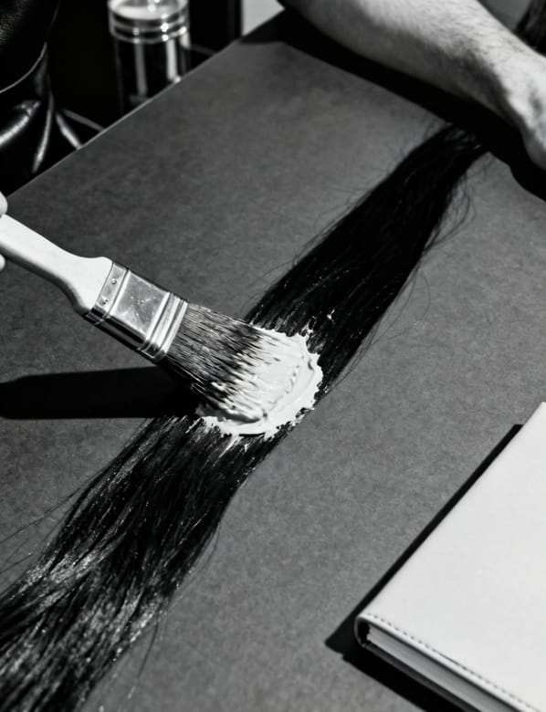 Ein breiter Pinsel streicht helle Paste über eine liegende Haarsträhne, Makroaufnahme