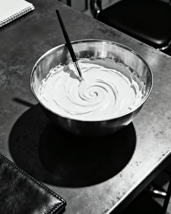 Mischschale mit heller Paste und ein Pinsel auf einer Metallfläche im Seitenlicht