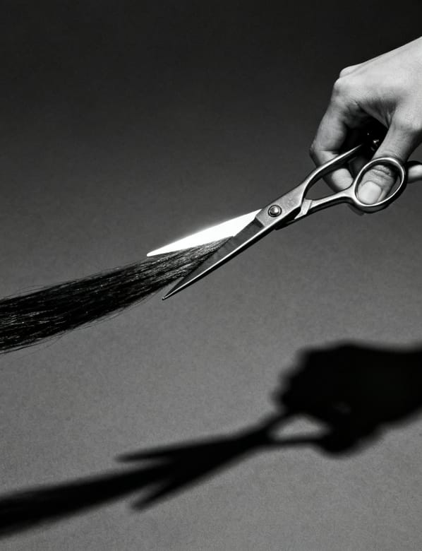 Nahaufnahme einer Friseurschere, die eine Haarsträhne fasst, ohne Person im Bild