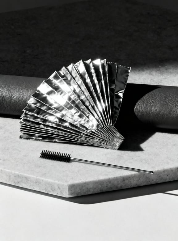 Gestapelte Aluminiumfolienstreifen und ein Stielkamm auf hellem Untergrund