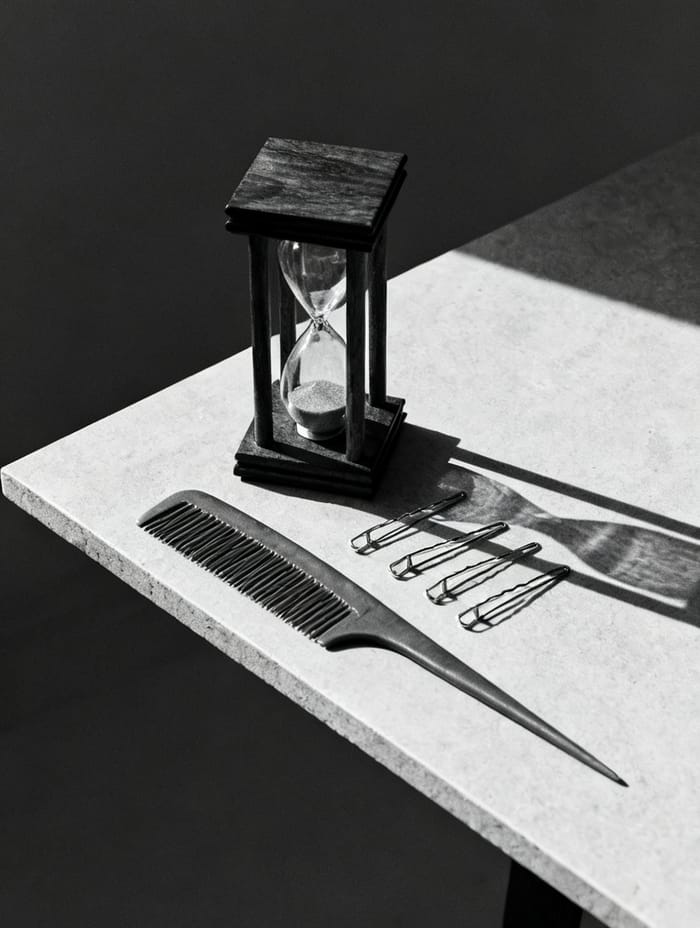 Stillleben aus Kamm, Klammern und einer Sanduhr auf einer hellen Fläche